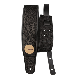 CORREA BASSO PARA GUITARRA Y BAJO SERIE CUERO NEGRA FLOREADA