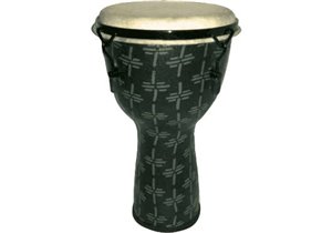 Djembe de 12? construído en fibra. Color gris claro y decorado con motivos abstractos