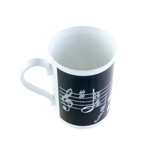 Taza negra porcelana partitura y clave de sol